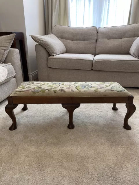 Antique Edwardian Walnut Cabriole Legged Long Footstool Tapestry Top Circa 1900