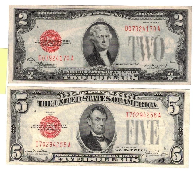 $2 1928-D Two Dollar Bill & $5 1928-F Five Dollar Bill Red Seal Notes CRISP