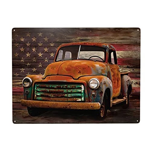 Vintage American Flag Metal Tin Sign Wall Decor Retro Old Truck With USA Fla
