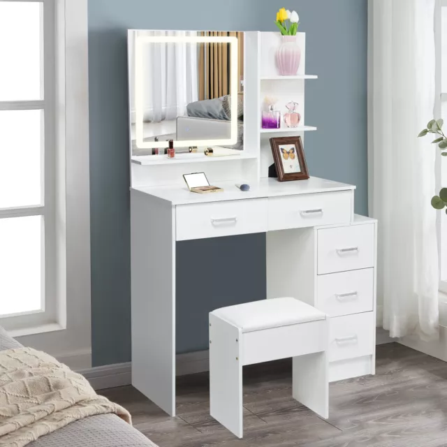 Dresser Desk Vanity Set with LED Lighted Mirror and Stool Makeup Dressing Table