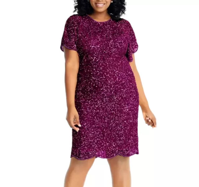 NWT ADRIANNA PAPELL Dress Size 12 Purple Beaded Sequin Flutter Sleeve Cocktail