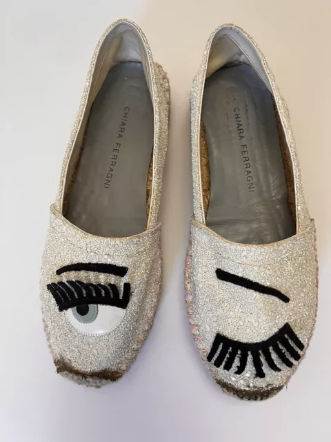 Chiara Ferragni White Glitter Wink Eye Slip On Espadrilles Sz 38 US 8 Dust Bags