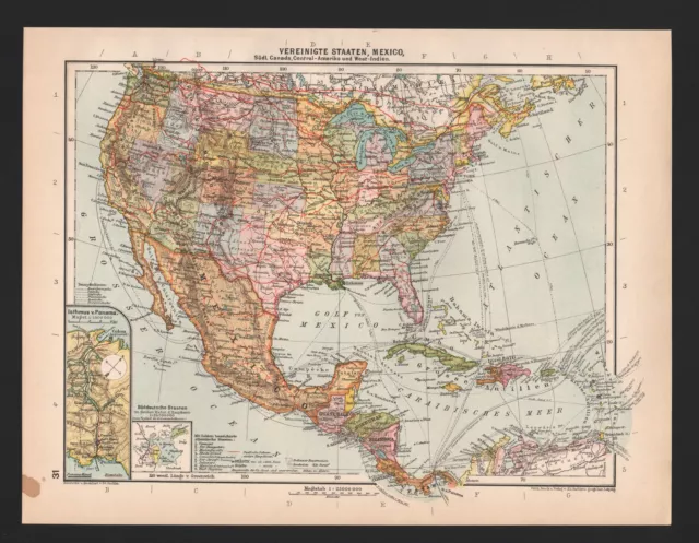 Landkarte map 1929: VEREINIGTE STAATEN MEXICO Canada Zentral-Amerika West-Indien