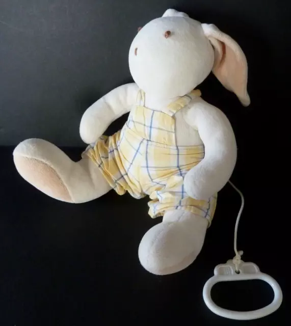 J4. DOUDOU PELUCHE MUSICAL JACADI LAPIN blanc salopette jaune carreaux bleu 24cm