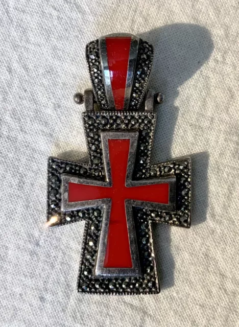 Vintage Sterling Marcasite Cross Pendant Necklace .925 Silver Red Enamel