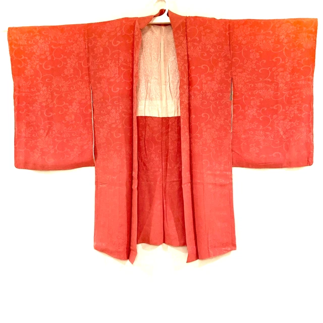 Vintage Antique Japanese Kimono Haori Jacket Coral Pink Peony Flower Robe Silk