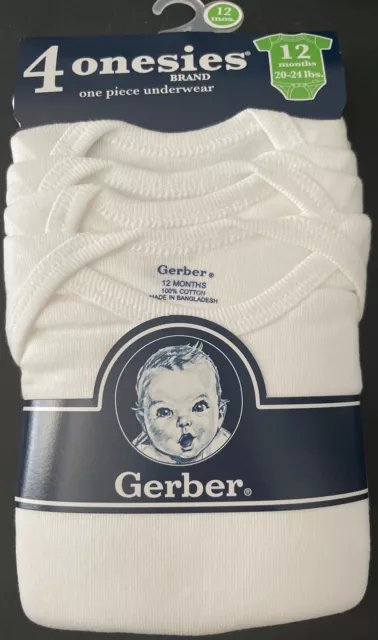 4-Pack Gerber Baby Unisex Onesies, White, One Piece Underwear, 12 Months