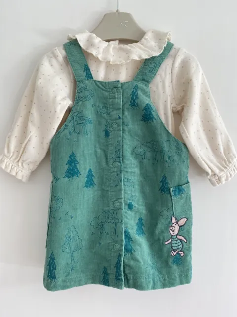 Baby Girls 0-3 Months Marks & Spencer Piglet Pinafore Dress Outfit Green GC