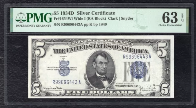 FR. 1654Wi 1934-D $5 SILVER CERTIFICATE CURRENCY NOTE PMG UNCIRCULATED-63EPQ (B)