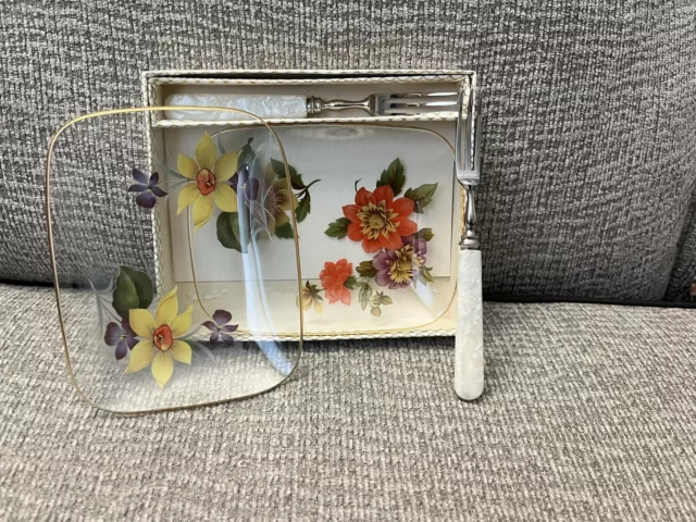 2 Vintage Chance Glass Pilkington Serving Dish Plate and Fork Set Boxed Floral