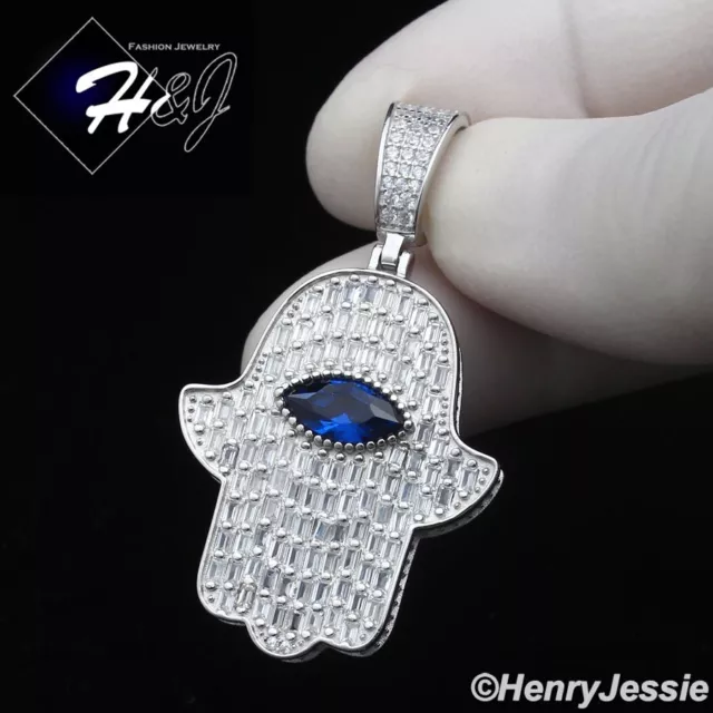 Men Women 925 Sterling Silver Icy Baguette Cz Evil Eye 3D Hamsa Hand Pendant*421