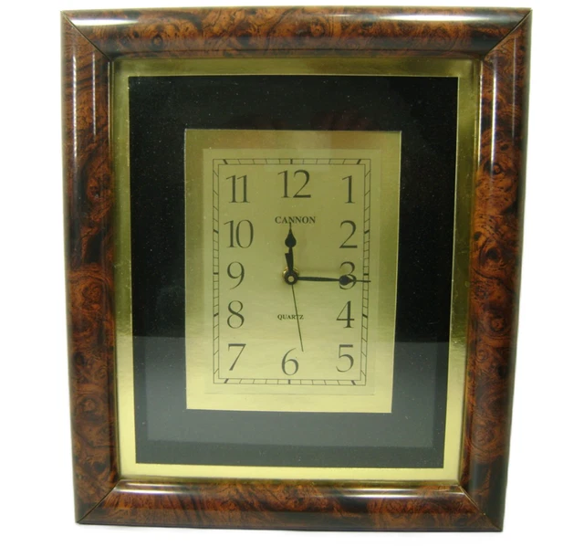 VTG Cannon Wall Clock Professional Office Rectangular Burled Wood Frame 14"
