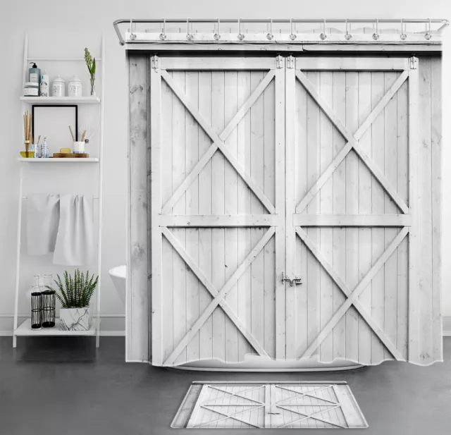 Retro Grey Rustic Barn Door Farmhouse Shower Curtain Bathroom Accessories Set
