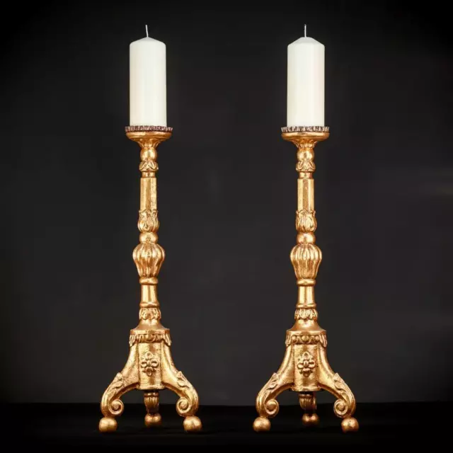 Pair of Candlesticks | Two French Antique Gilded Wood Altar Candle Holders 27.6"