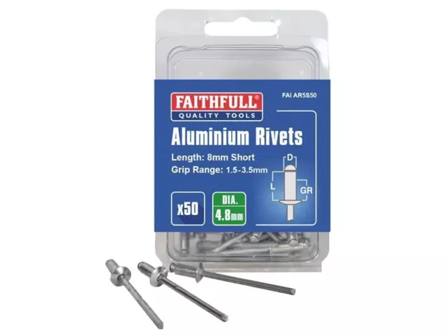 Faithfull Aluminium Rivets 4.8 x 8mm Short Pre-Pack of 50 FAIAR5S50