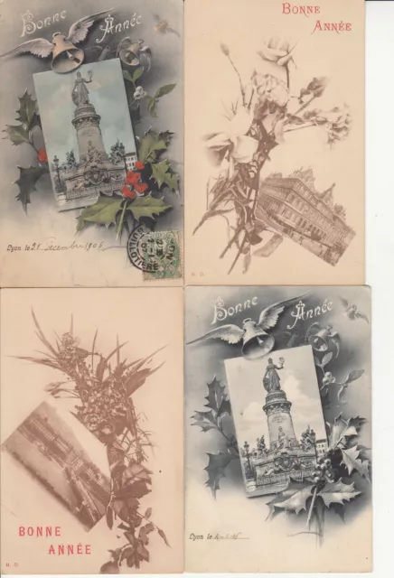 Lot de 4 cartes postales anciennes old postcards LYON bonne année