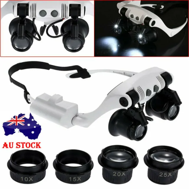 20X 10X 15X 25X LED Magnifier Double Eye Glasses Loupe Lens Jeweler Watch Repair