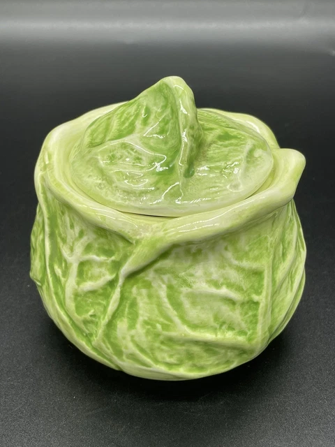 Cabbage Leaf Dish Majolica Covered Green Japan Vintage Art Pottery Cabbage Bowl