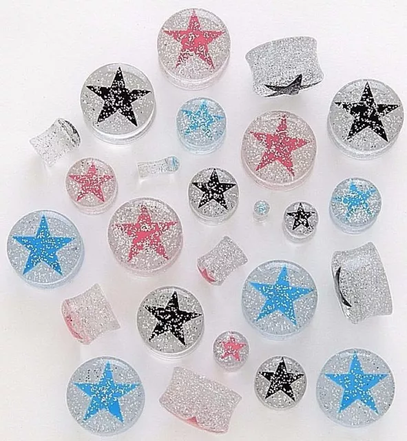 1 Pair Clear Acrylic Glitter Star Saddle Plugs Ear Gauges Double Flare You Pick