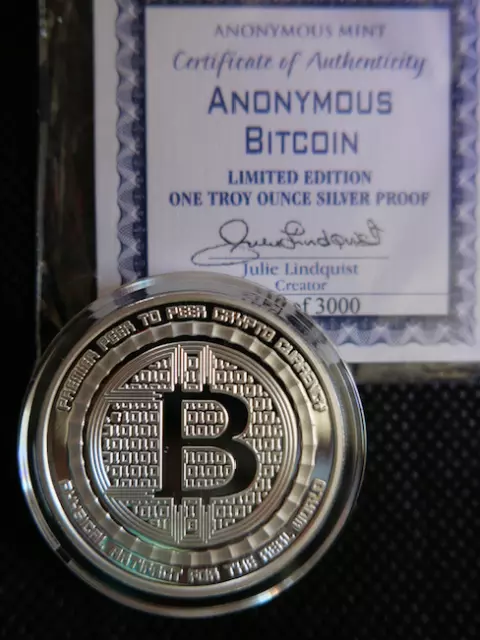 BITCOIN ANONYMOUS MINT PROOF 1 0Z SILVER Capsuled .999 Round w/ COA, Low Mintage