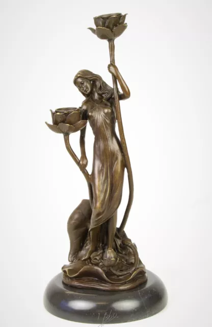 Escultura de Bronce Soporte de Candelabro Candelero Vela Mármol Figura Femenina