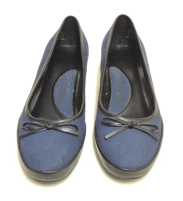 Connie Navy Blue Suede/Nubuck Black Leather Trim Kitten Heels Pumps w/ Bow Sz 7M