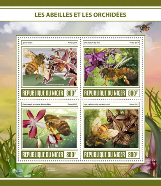 Bees & Orchids Stamps Niger 2017 MNH Honey Bee Orchid Flowers Flora 4v M/S
