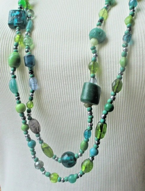 Collier Sautoir Vintage En Perles De Verre Bleu - Or - Travail Français Ancien
