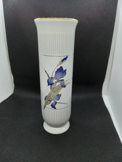 Vintage Grand Iris Otagiri Japan Bud Vase Blue/Purple Iris with Gold Trim White