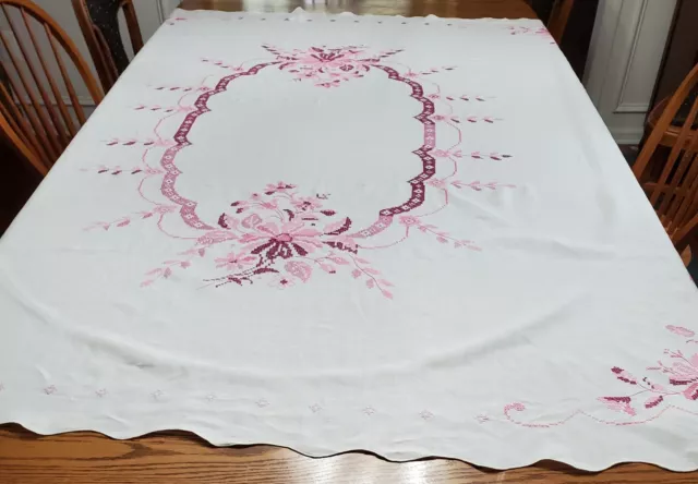 Vintage Hand Embroidered Linen White Tablecloth Pink Flowers Oblong abt 79"x64"