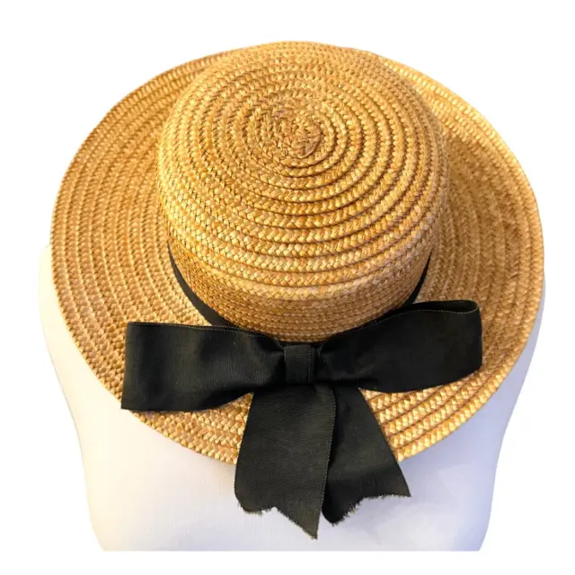 Classic Vintage straw, boater hat by Laura Ashley with black ribbon band