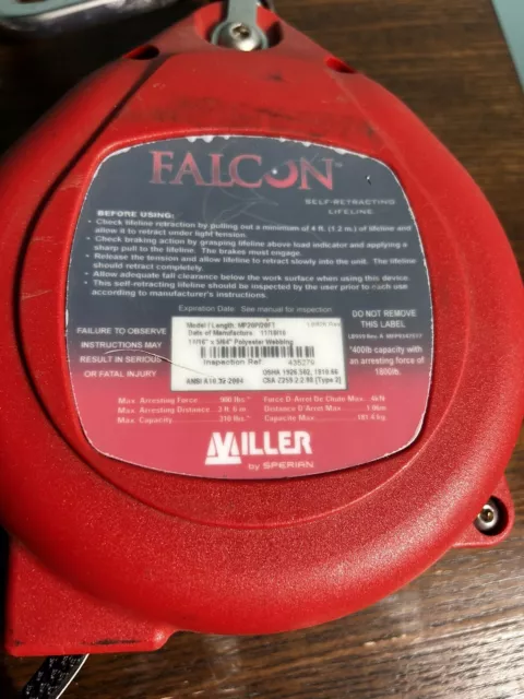 Miller Honeywell Falcon 20 Web Self-Retracting Lifeline MP20P-Z7/20FT 400Lb Plus 2