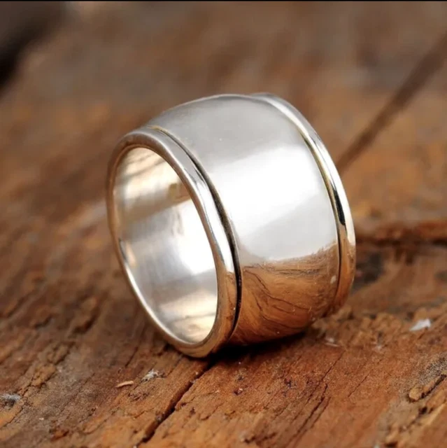 Solid Handmade 925 Sterling Silver Wide Spinner Band For Men & Women All Size