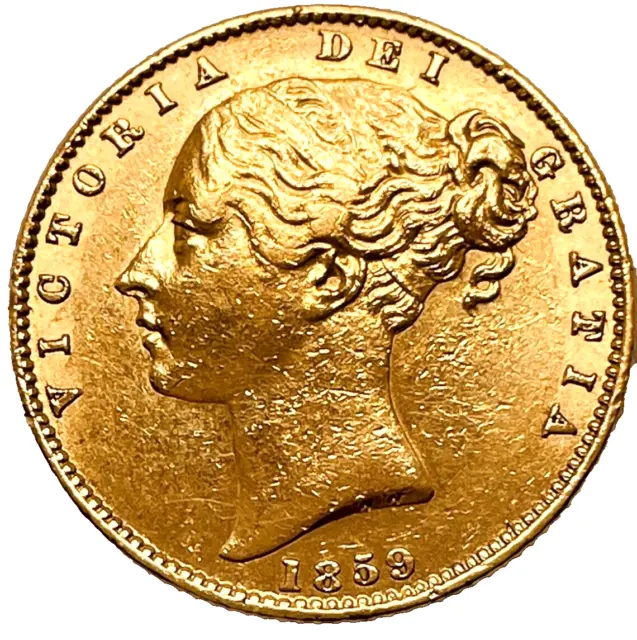 RARE 1859 INCOMPLETE 5 Victoria Young Head SHIELD Full Gold Sovereign re24