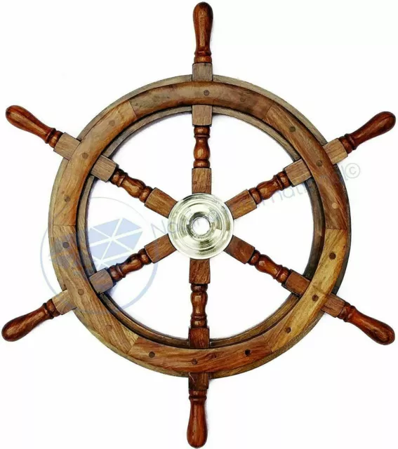 24" Brass Nautical Captain Brown Wooden Ship Steering Wheel Handle Sailing Décor 2