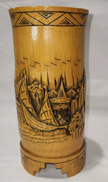 Chinese Asian Hand Carved Bamboo Brush Pot 10 Inches Tall