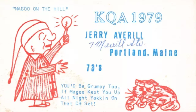 Postcard ME Portland Mr. Magoo Cat Amateur Ham Radio QSL Citizens Band CB 73's