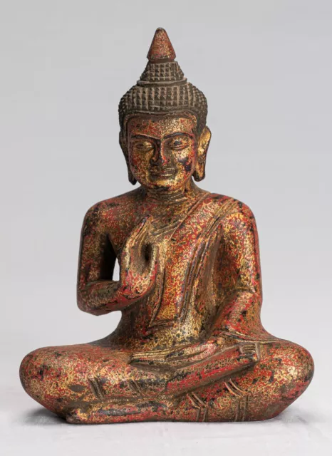 Antique Khmer Style SE Asia Seated Wood Teaching Buddha Statue - 20cm/8"