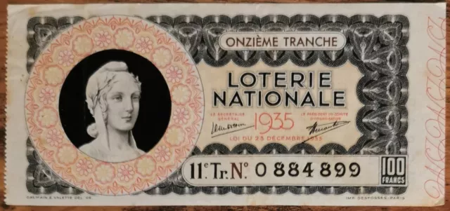 Billet de loterie nationale 1935 11e tranche - 100 francs - Marianne - n°0884899