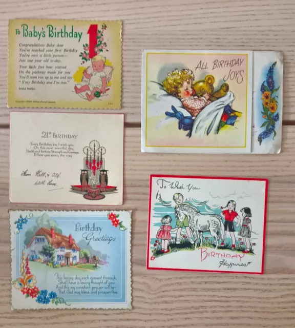 Vintage used greeting cards birthday x5 / 1960's - 1970's Used