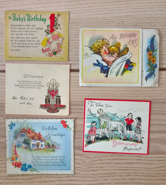 Vintage used greeting cards birthday x5 / 1960's - 1970's Used