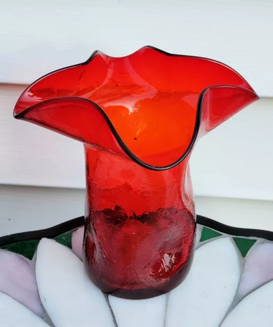 Vintage Mid Century Blenko Red Pinched & Crackled Art Glass Vase 5.25"