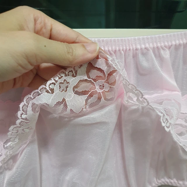 VINTAGE SHEER NYLON Panties Pink Bikini Floral Lace Soft Brief Size 8