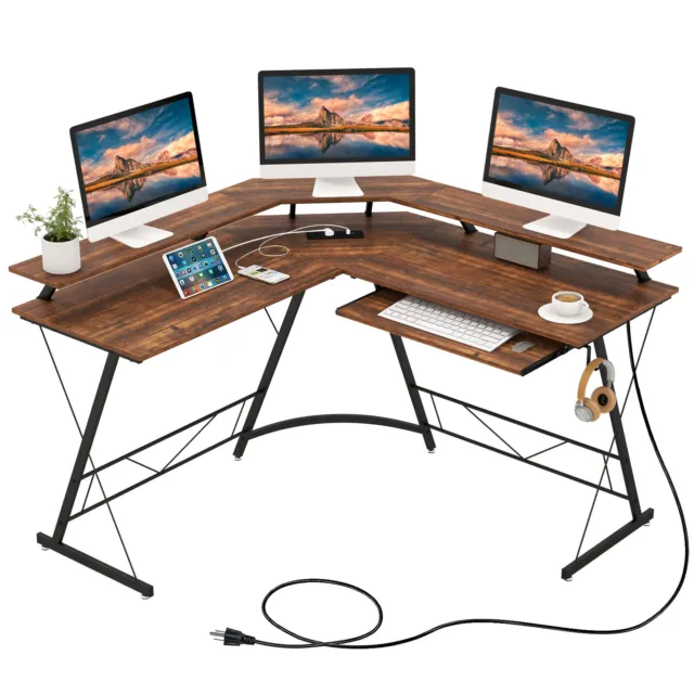 L-shaped Computer Desk w/ Power Outlet 130cm Corner Computer Workstation Stand