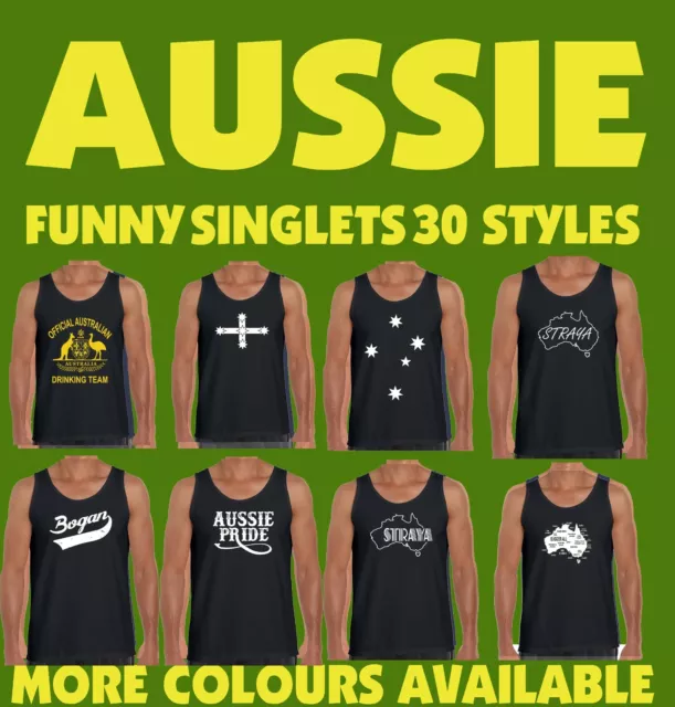 Funny Singlets  Aussie Australian Bogan Mens T-shirt Slang Drinking flag Black