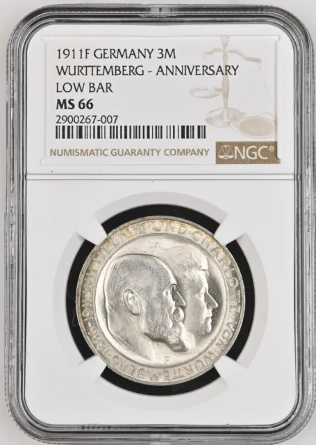 1911-F Germany Silver 3 Mark Wurttemberg Anniversary Low Bar NGC MS66 Nice!
