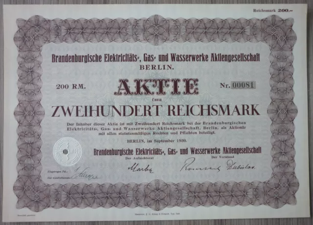 Aktie, Brandenburgische Elektricitäts- Gas und Wasserwerke AG 1930    (Art.3160)