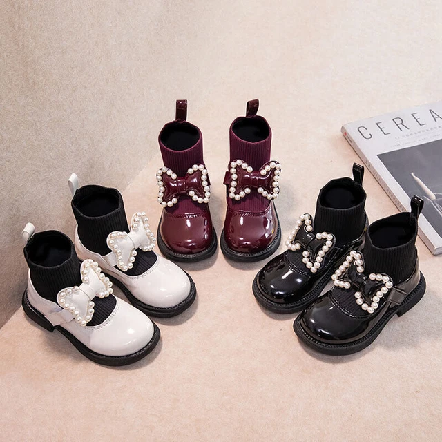 Toddler Girls Wedding Party Ankle School Boots Kids Pumps Flat Pearl Bow Shoes-