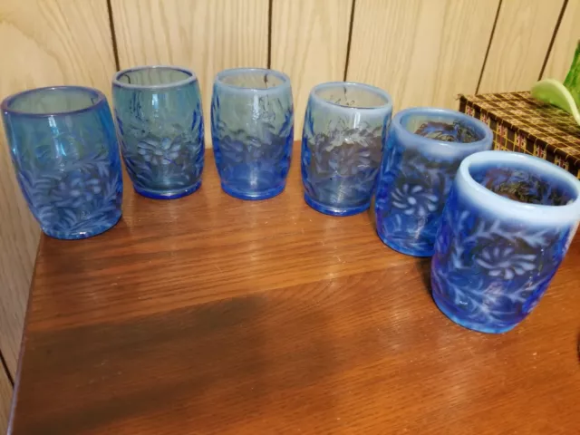 Fenton Lg Wright Sapphire Blue Opalescent Daisy And Fern 6 Glass Tumbler Set