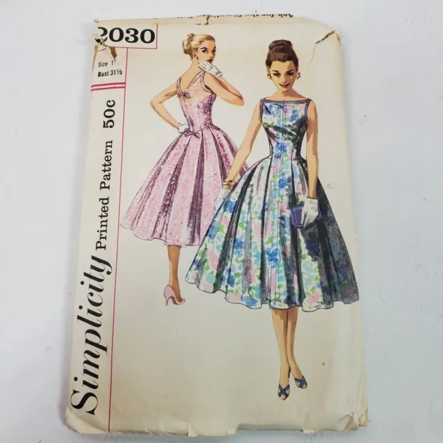 Vintage 1960s Simplicity 2030 Sewing Pattern One Piece Dress Size 11 Bust 31.5